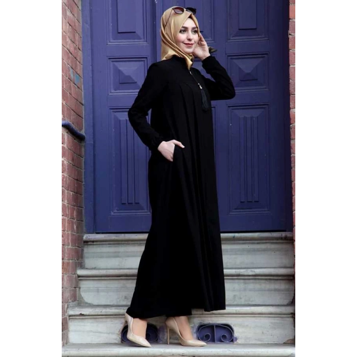 Medine İpeği Tesettür Pile Detaylı Ferace MDC-0165 Siyah