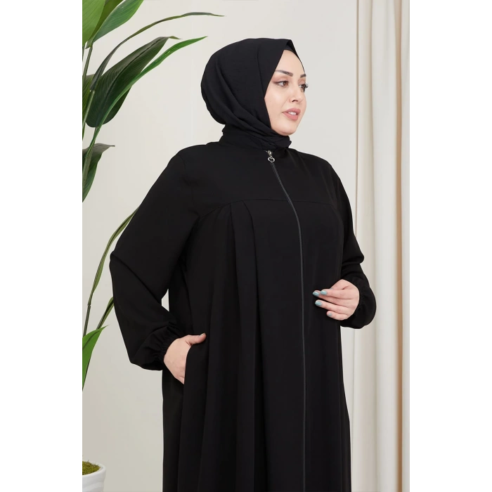 Medine İpeği Tesettür Pile Detaylı Ferace MDC-0165 Siyah