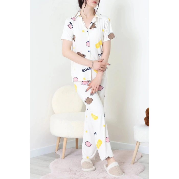 Milan Kumaş Düğmeli Pijama Takımı Bejpembe - 750.1287.