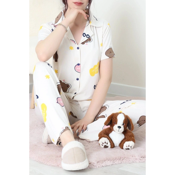 Milan Kumaş Düğmeli Pijama Takımı Bejpembe - 750.1287.