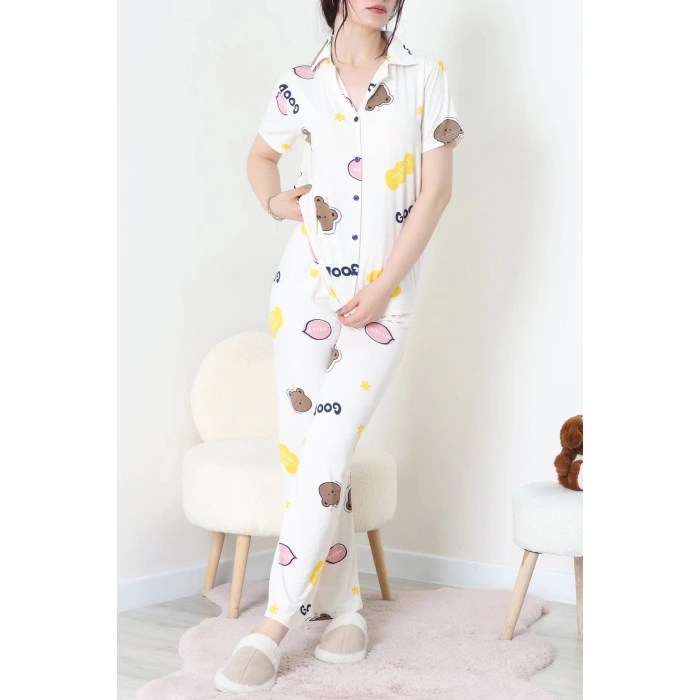 Milan Kumaş Düğmeli Pijama Takımı Bejpembe - 750.1287.