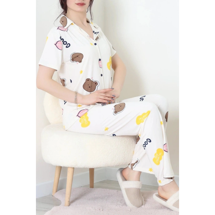Milan Kumaş Düğmeli Pijama Takımı Bejpembe - 750.1287.