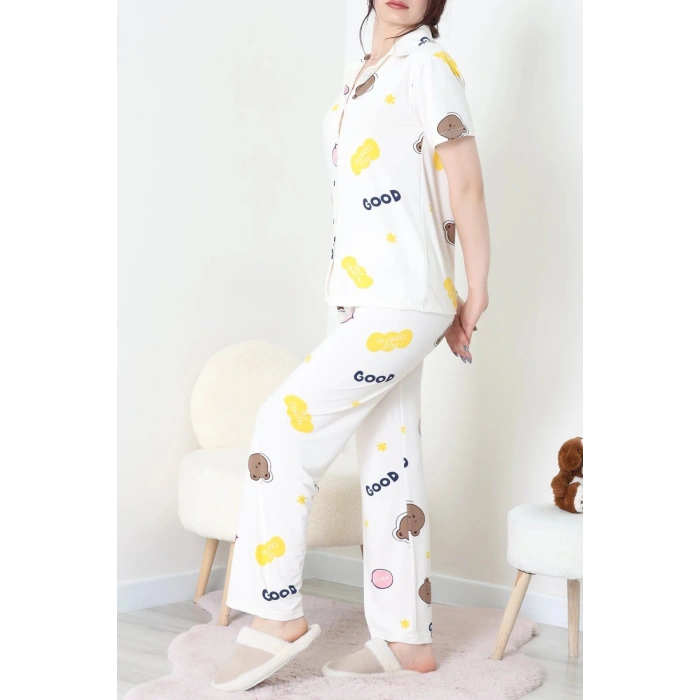 Milan Kumaş Düğmeli Pijama Takımı Bejpembe - 750.1287.
