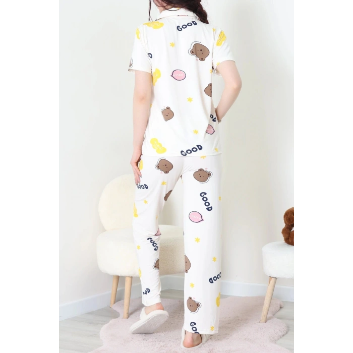 Milan Kumaş Düğmeli Pijama Takımı Bejpembe - 750.1287.