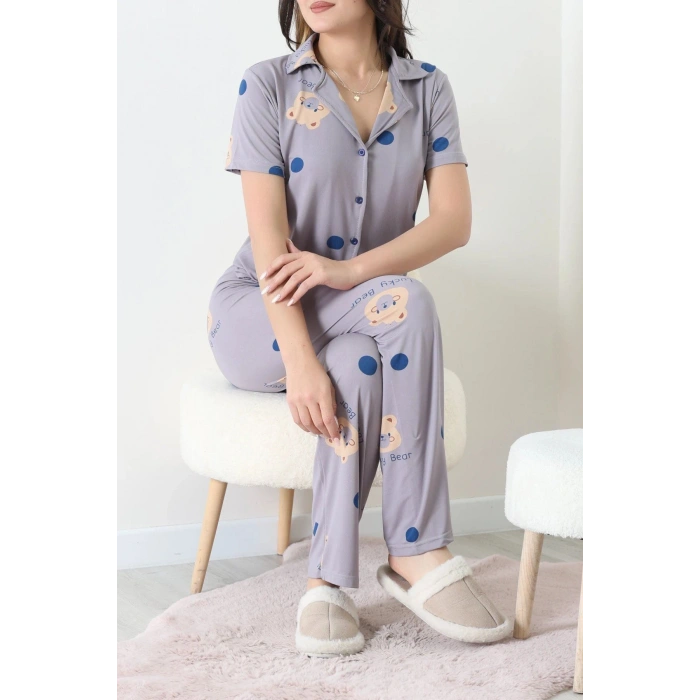 Milan Kumaş Düğmeli Pijama Takımı Gri - 750.1287.