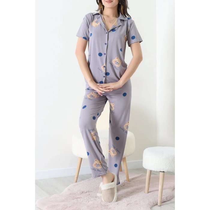 Milan Kumaş Düğmeli Pijama Takımı Gri - 750.1287.