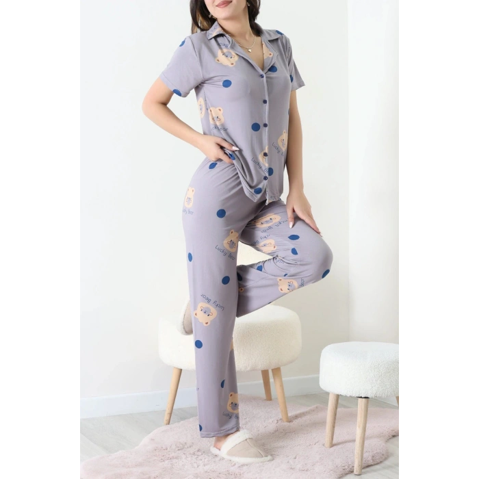 Milan Kumaş Düğmeli Pijama Takımı Gri - 750.1287.