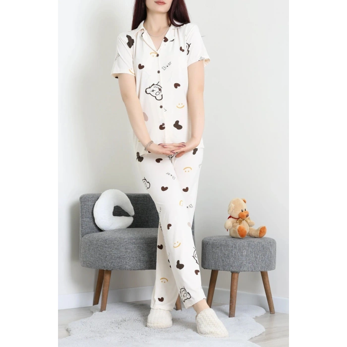 Milan Kumaş Düğmeli Pijama Takımı Krem - 750.1287.