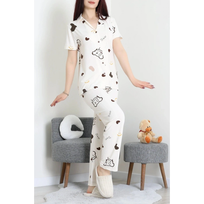 Milan Kumaş Düğmeli Pijama Takımı Krem - 750.1287.
