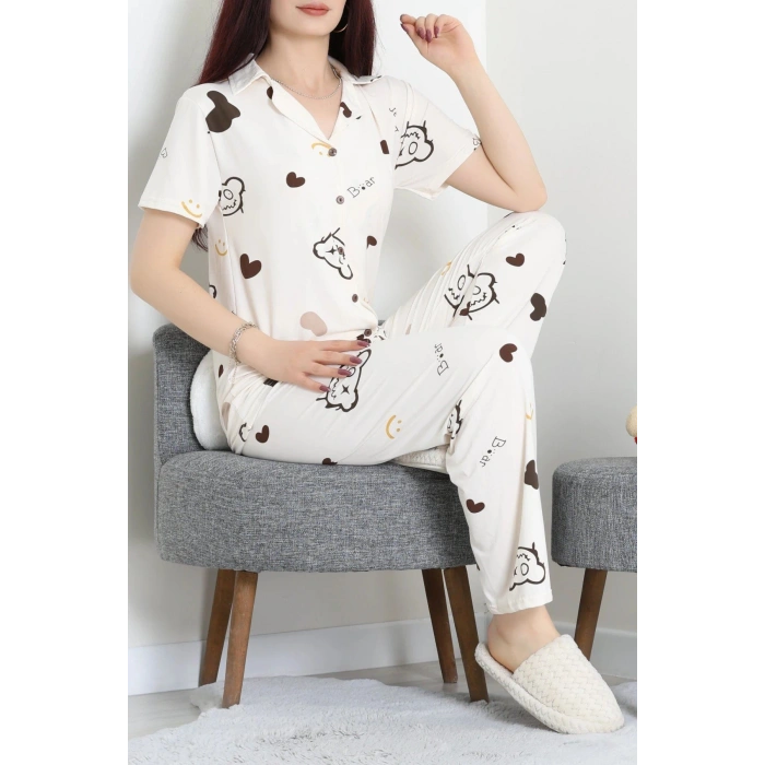 Milan Kumaş Düğmeli Pijama Takımı Krem - 750.1287.