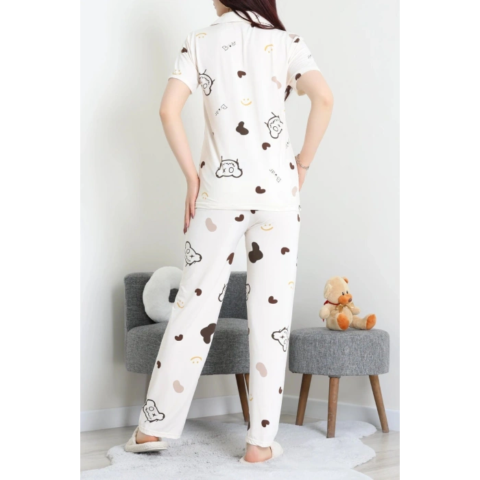 Milan Kumaş Düğmeli Pijama Takımı Krem - 750.1287.