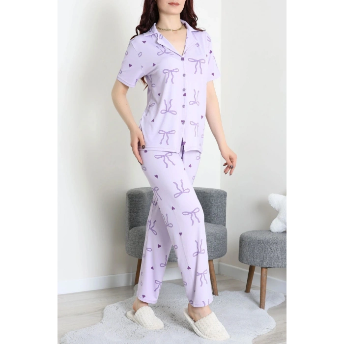 Milan Kumaş Düğmeli Pijama Takımı Lila - 750.1287.