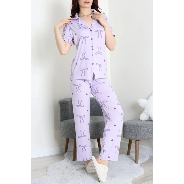 Milan Kumaş Düğmeli Pijama Takımı Lila - 750.1287.
