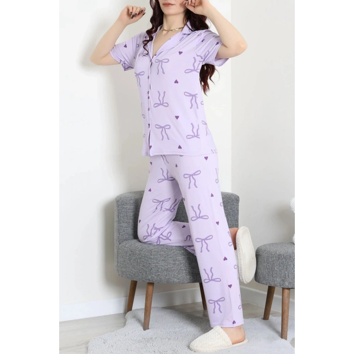 Milan Kumaş Düğmeli Pijama Takımı Lila - 750.1287.
