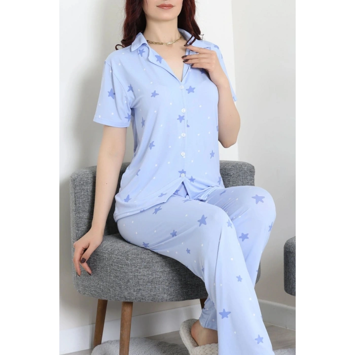 Milan Kumaş Düğmeli Pijama Takımı Mavi - 750.1287.
