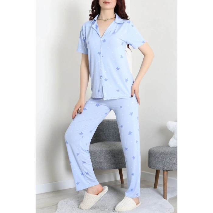Milan Kumaş Düğmeli Pijama Takımı Mavi - 750.1287.