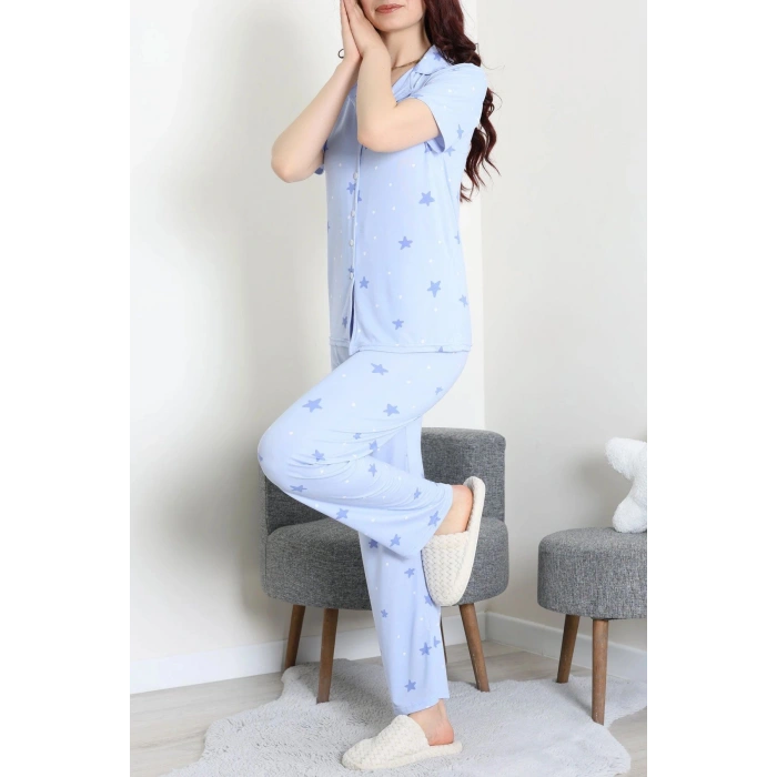Milan Kumaş Düğmeli Pijama Takımı Mavi - 750.1287.