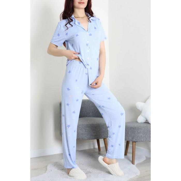 Milan Kumaş Düğmeli Pijama Takımı Mavi - 750.1287.