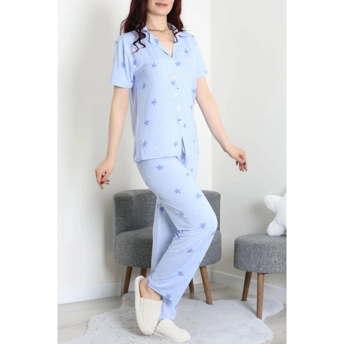 Milan Kumaş Düğmeli Pijama Takımı Mavi - 750.1287.