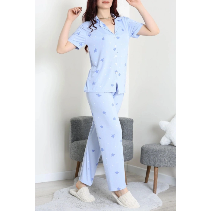 Milan Kumaş Düğmeli Pijama Takımı Mavi - 750.1287.