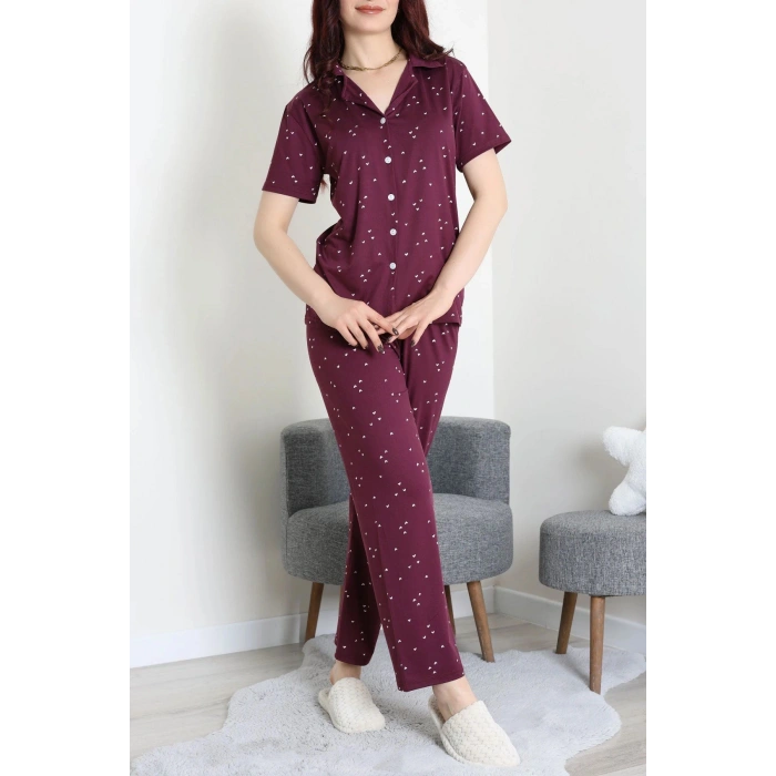 Milan Kumaş Düğmeli Pijama Takımı Mürdüm - 750.1287.