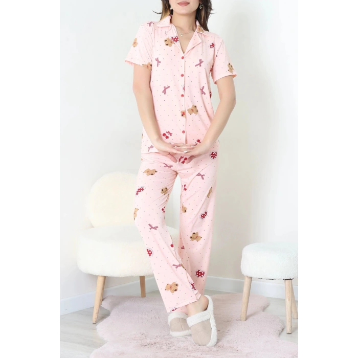 Milan Kumaş Düğmeli Pijama Takımı Pudra - 750.1287.