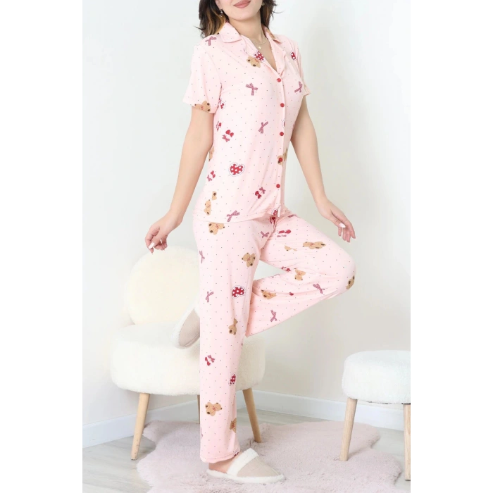 Milan Kumaş Düğmeli Pijama Takımı Pudra - 750.1287.
