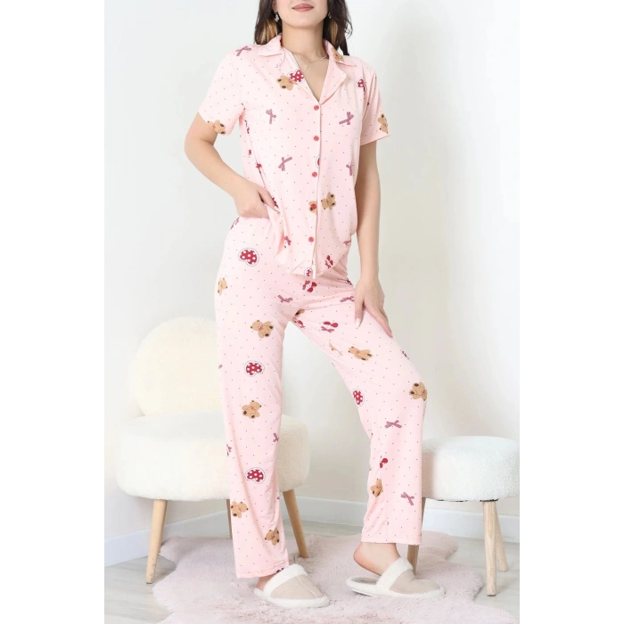 Milan Kumaş Düğmeli Pijama Takımı Pudra - 750.1287.