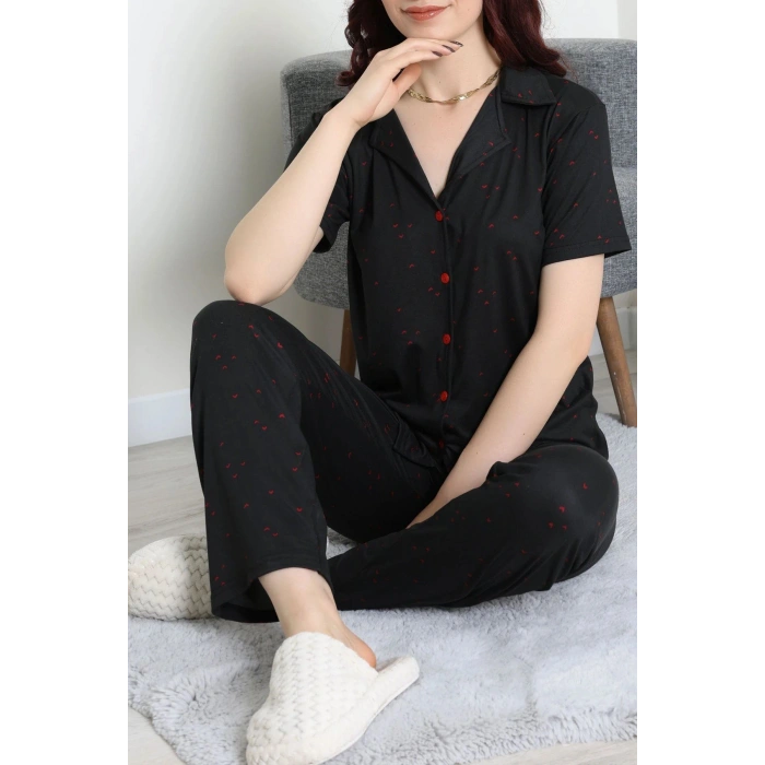 Milan Kumaş Düğmeli Pijama Takımı Siyah - 750.1287.