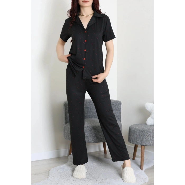 Milan Kumaş Düğmeli Pijama Takımı Siyah - 750.1287.
