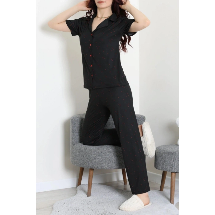 Milan Kumaş Düğmeli Pijama Takımı Siyah - 750.1287.