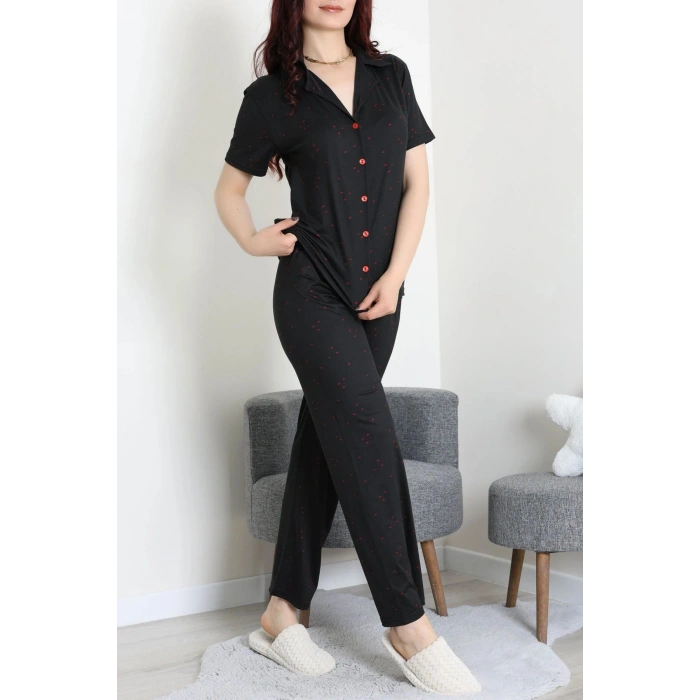 Milan Kumaş Düğmeli Pijama Takımı Siyah - 750.1287.