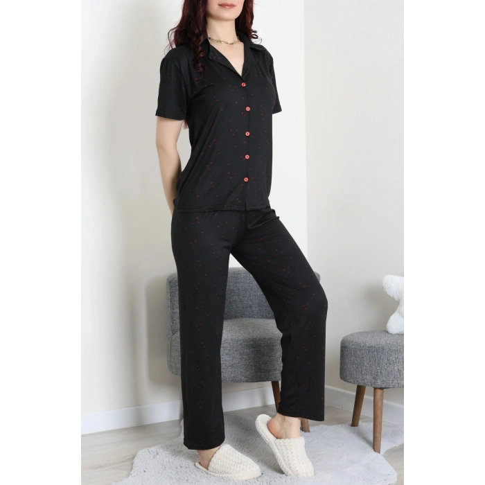 Milan Kumaş Düğmeli Pijama Takımı Siyah - 750.1287.