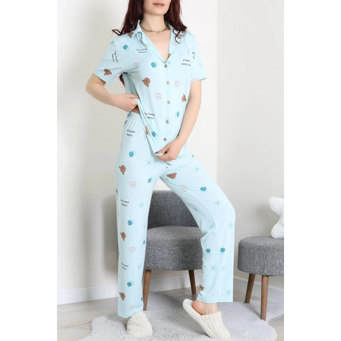 Milan Kumaş Düğmeli Pijama Takımı Suyeşili - 750.1287.