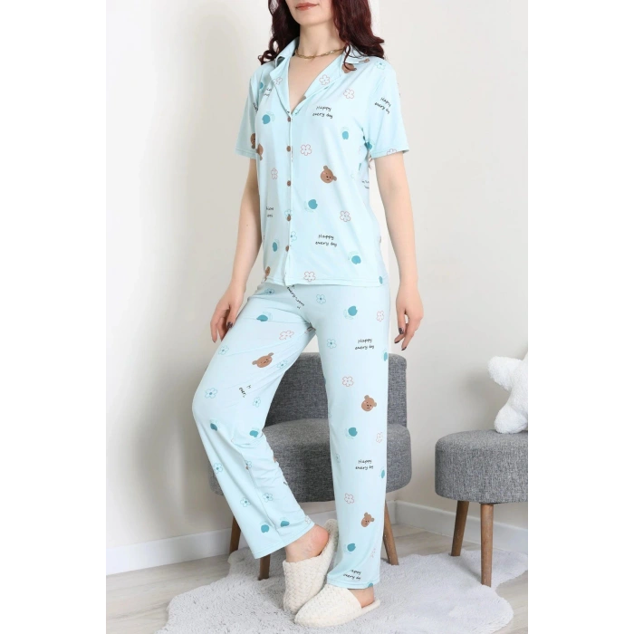 Milan Kumaş Düğmeli Pijama Takımı Suyeşili - 750.1287.