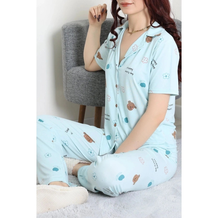Milan Kumaş Düğmeli Pijama Takımı Suyeşili - 750.1287.