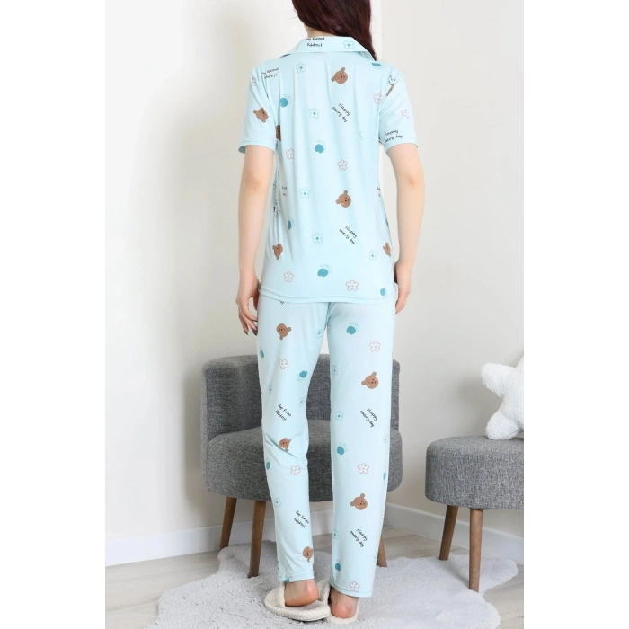 Milan Kumaş Düğmeli Pijama Takımı Suyeşili - 750.1287.