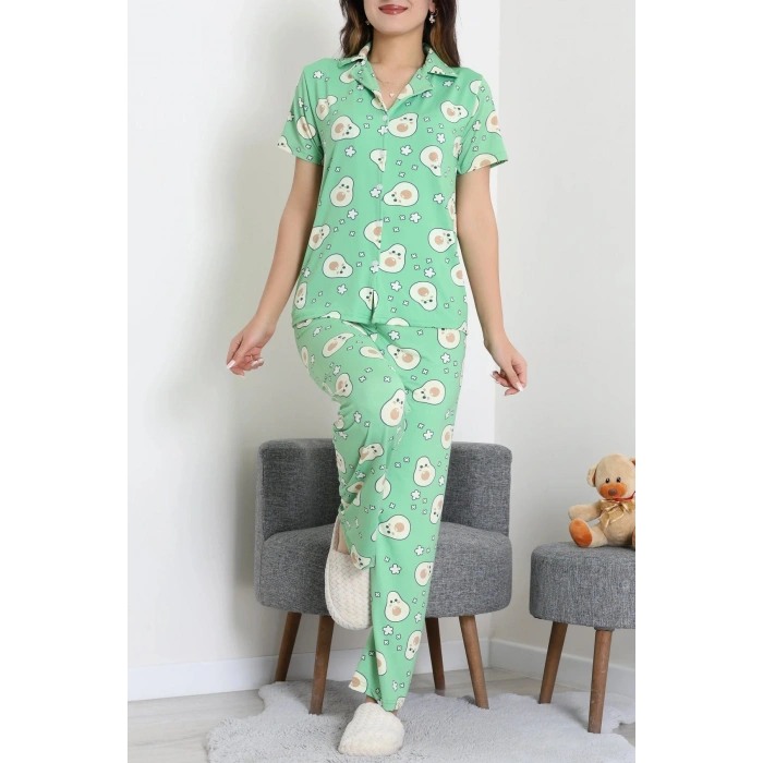Milan Kumaş Düğmeli Pijama Takımı Yeşilavokado - 750.1287.