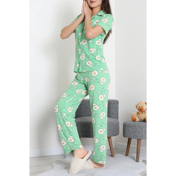 Milan Kumaş Düğmeli Pijama Takımı Yeşilavokado - 750.1287.