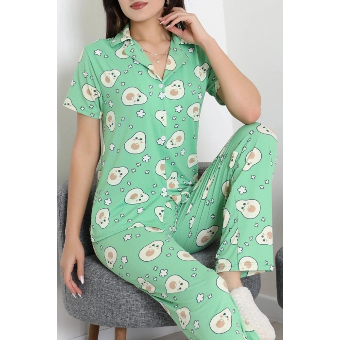 Milan Kumaş Düğmeli Pijama Takımı Yeşilavokado - 750.1287.