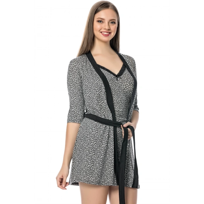 Moda Çizgi Bayan Gri Leopar Desenli Gecelik Sabahlık Takım 1107