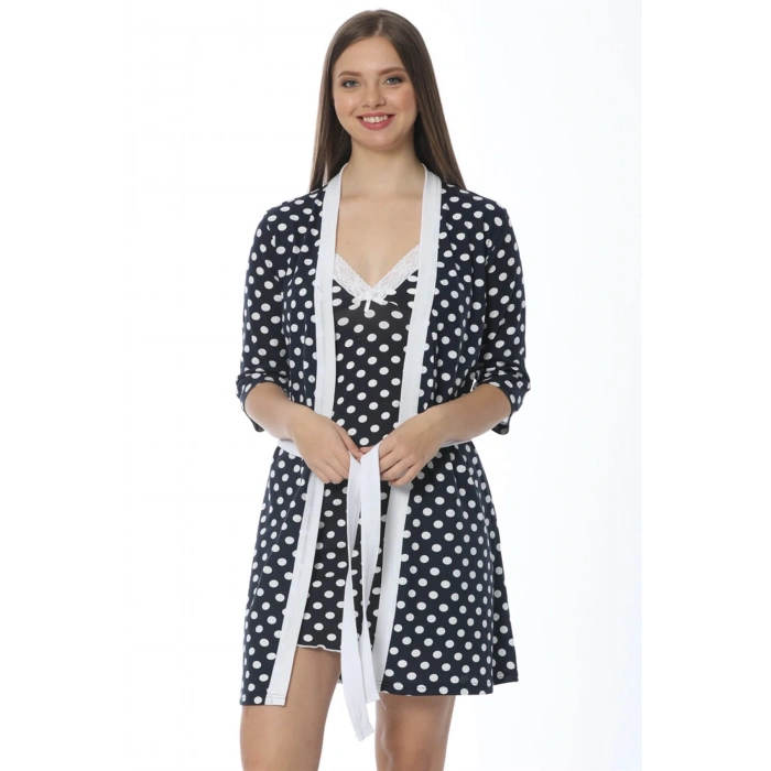 Moda Çizgi Bayan Lacivert Puantiyeli Gecelik Sabahlık Takım 1212