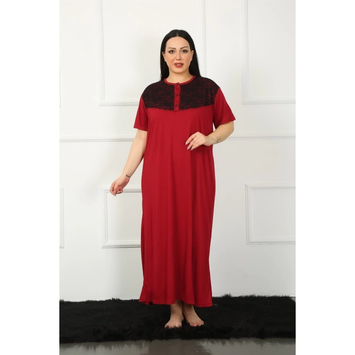 Moda Çizgi Big Dantelli Kısa Kol Bordo Anne Gecelik 1348