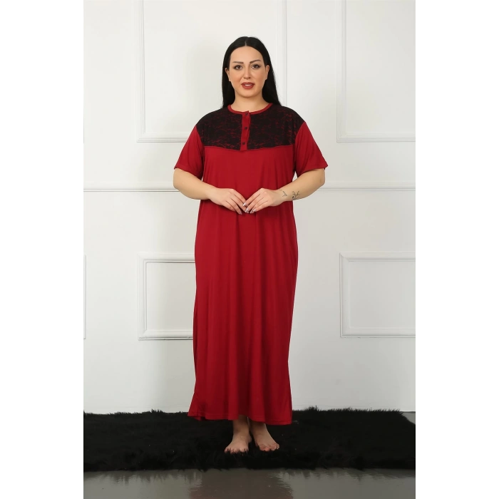 Moda Çizgi Big Dantelli Kısa Kol Bordo Anne Gecelik 1348