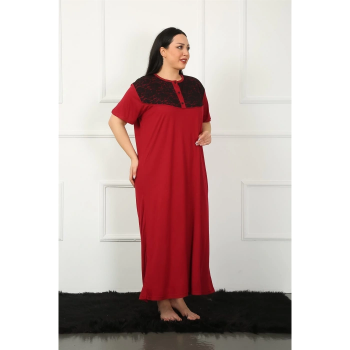 Moda Çizgi Big Dantelli Kısa Kol Bordo Anne Gecelik 1348