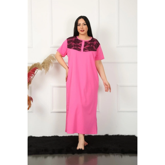 Moda Çizgi Big Dantelli Kısa Kol Fuşya Anne Gecelik 1348