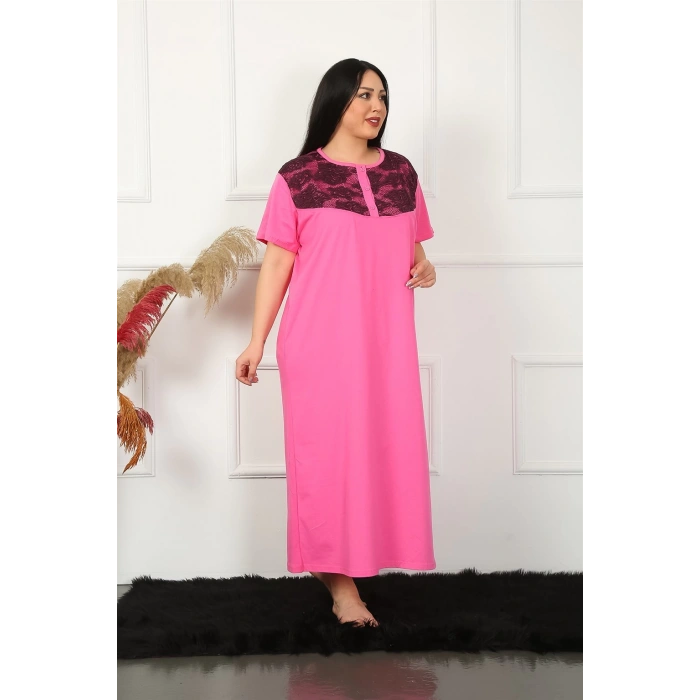 Moda Çizgi Big Dantelli Kısa Kol Fuşya Anne Gecelik 1348