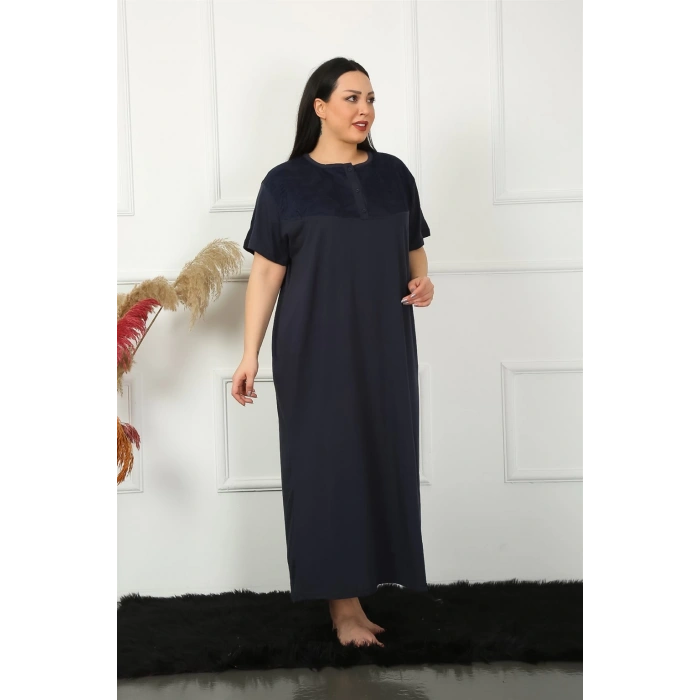 Moda Çizgi Big Dantelli Kısa Kol Lacivert Anne Gecelik 1348