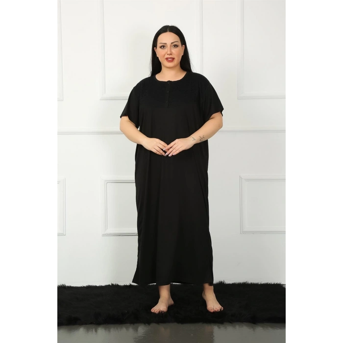 Moda Çizgi Big Dantelli Kısa Kol Siyah Anne Gecelik 1348