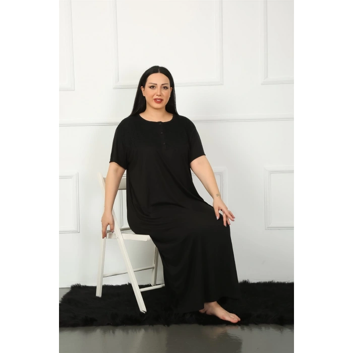 Moda Çizgi Big Dantelli Kısa Kol Siyah Anne Gecelik 1348